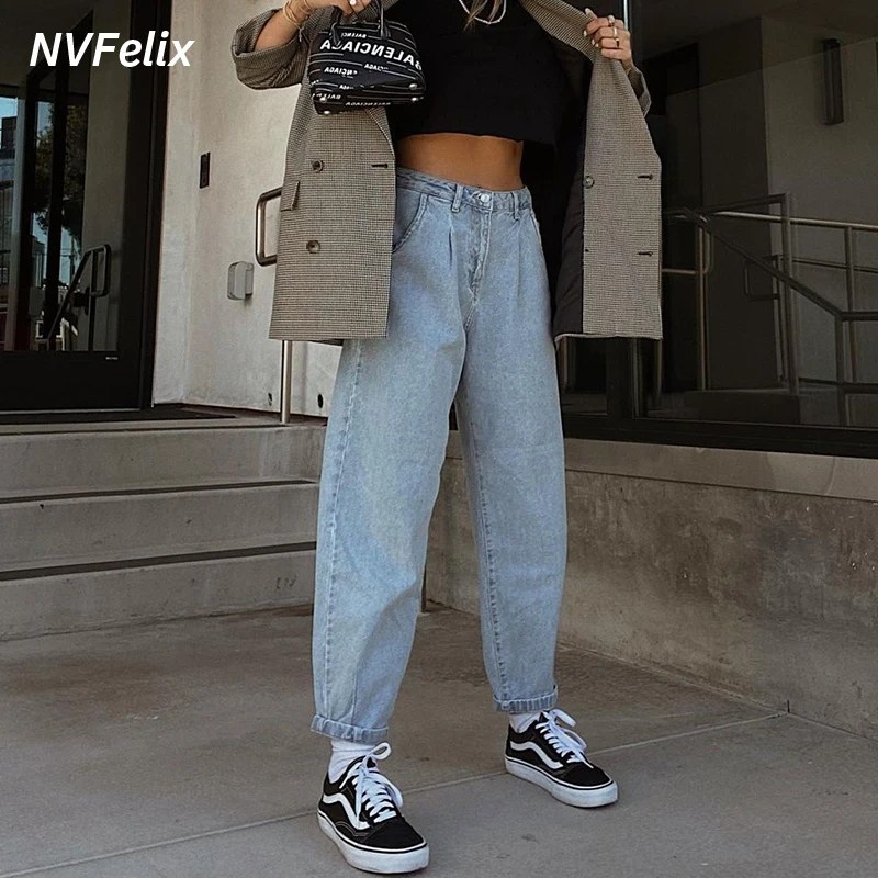 

Womens High Rise Classic Balloon Tapered Leg Denim Mom Jeans Baggy Casual Wide Leg Boyfriend Denim Pants Female Loose Trousers