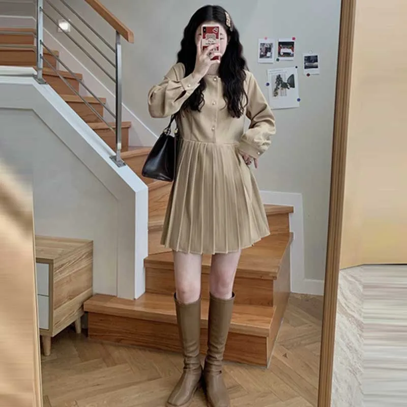 

French Vintage Women'S Pleated Long Sleeve Dress Korea Elegant One-Piece Office Dress 2021 Summer Women Fashion Dress Mini Dress
