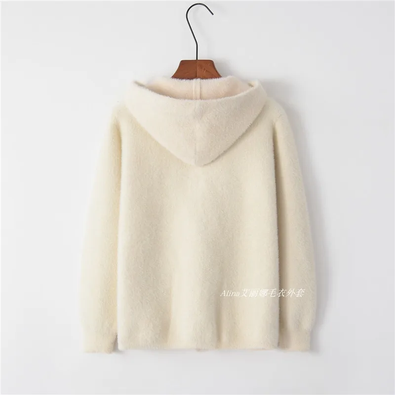2019 Spring New Women Loose Imitation Mink Cashmere Jacket Coat Female Short Hooded Sweater Thick Knit Autumn Outerwear |