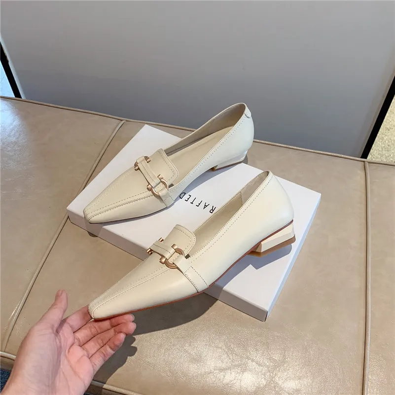 

ANNYMOLI Real Leather Low Heels Woman Shoes Metal Decoration Square Toe Pumps Slip On Chunky Heel Dress Footwear Female Size 40