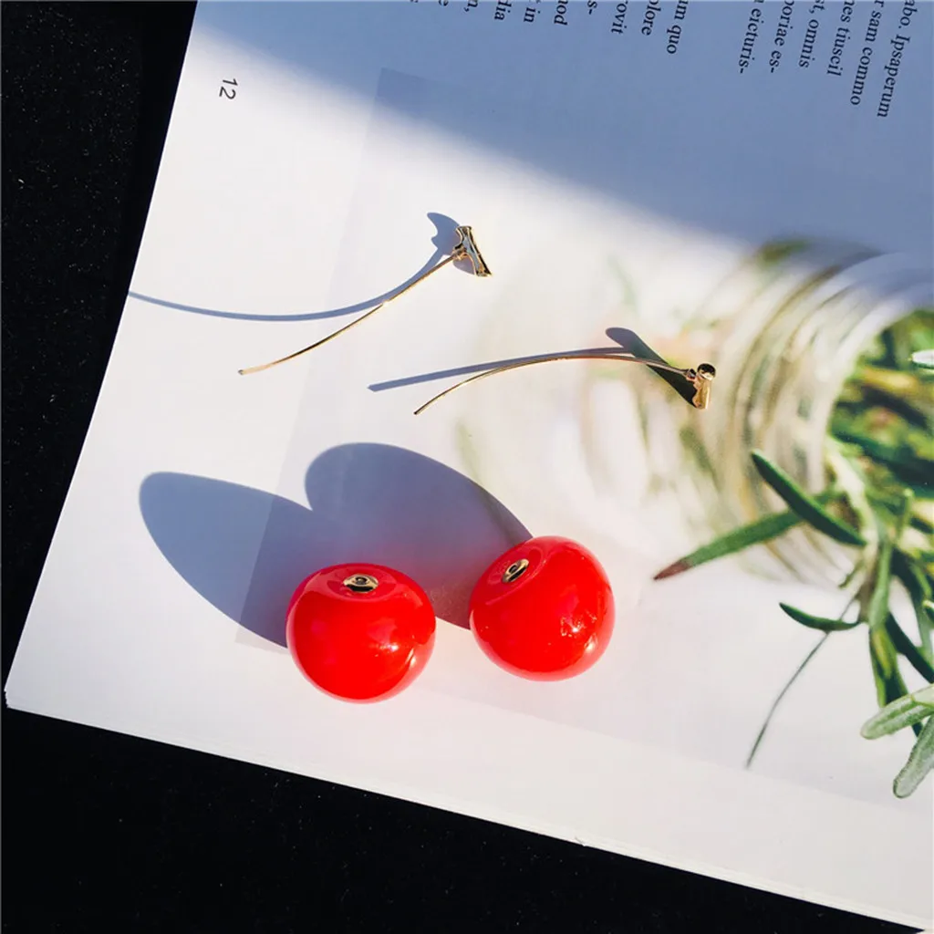 

Ladies Sweet Red Cherry Earrings Fruit Long Gold Pendant Earring Girls Fashion Jewelry Birthday Suprise Christmas Charming Gift
