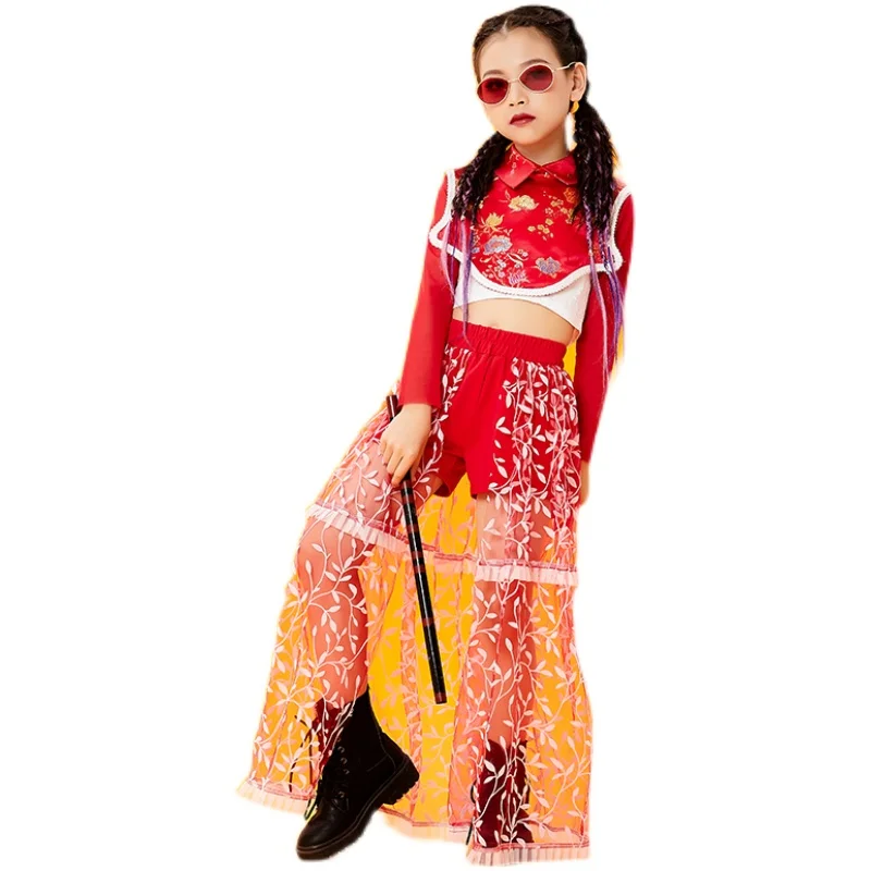 

Новый красный наряд в китайском стиле, костюмы для джазовых представлений для девочек, одежда для современных танцев в стиле хип-хоп, одежда...
