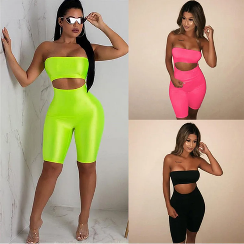 

Sexy Women Jumpsuit Sleeveless Off Shoulder Strapless Bodycon Romper Jumpsuit Clubwear Holes Fitness Sports Bodysuit Short Pant