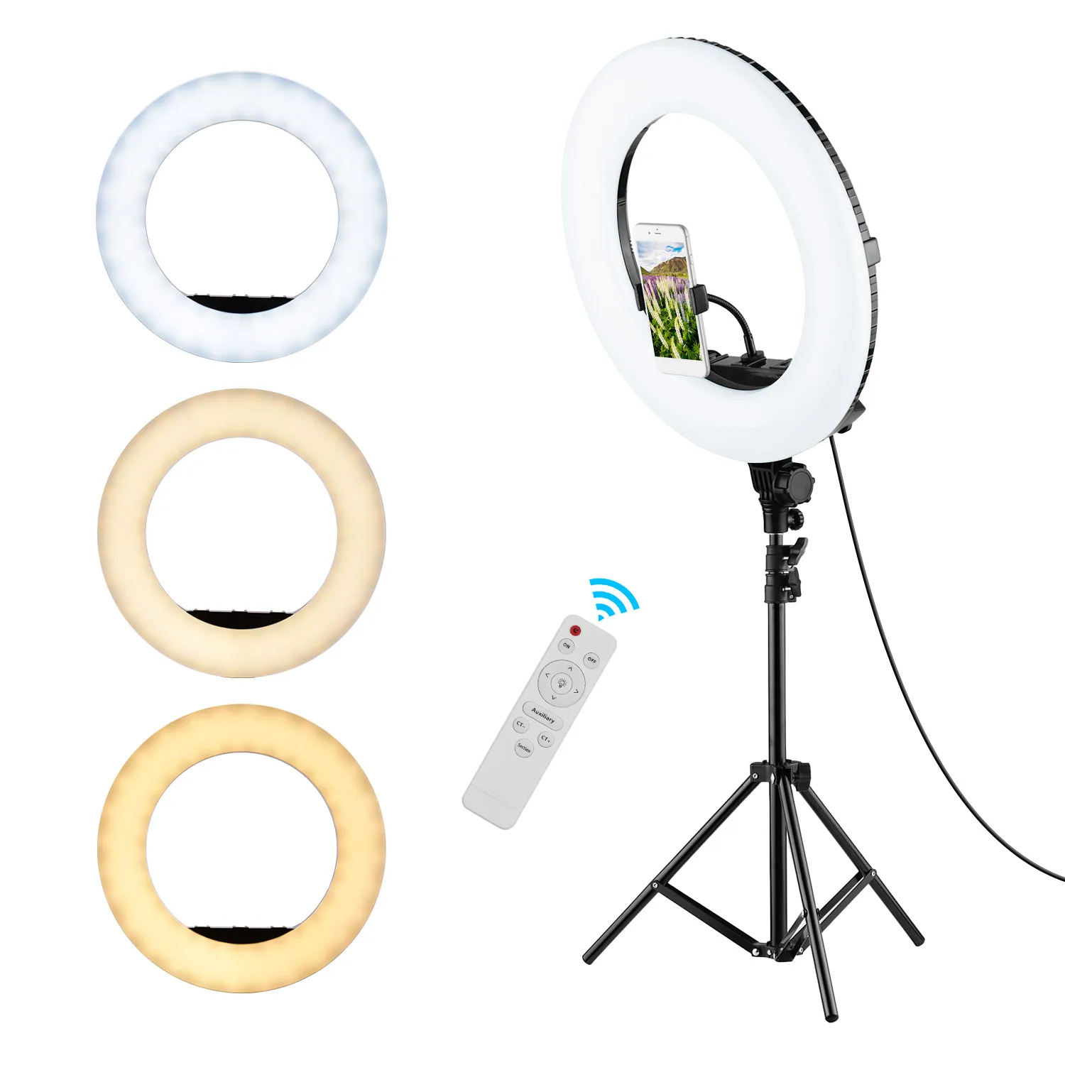 

18 Inch LED Fill Ring Light Kit Dimmable 3200K-5500K Cold Shoe Mounts for Photography Live Stream Video Makeup with Phone Holder