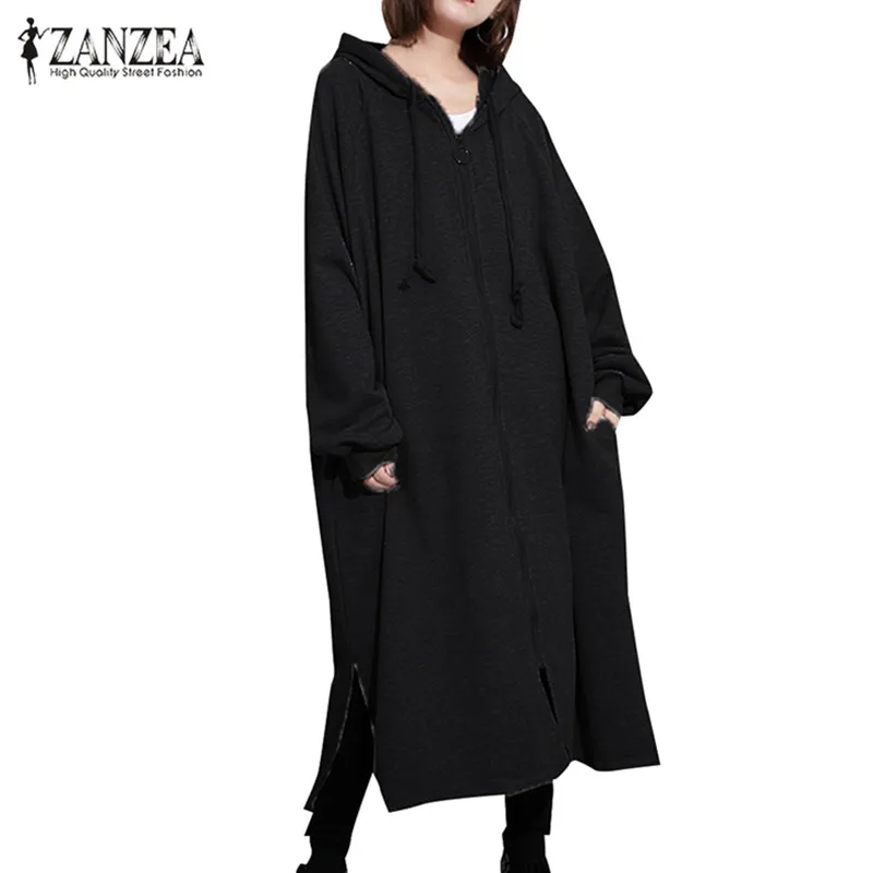 2019 зимняя толстовка с капюшоном длинные пальто ZANZEA женские куртки на молнии