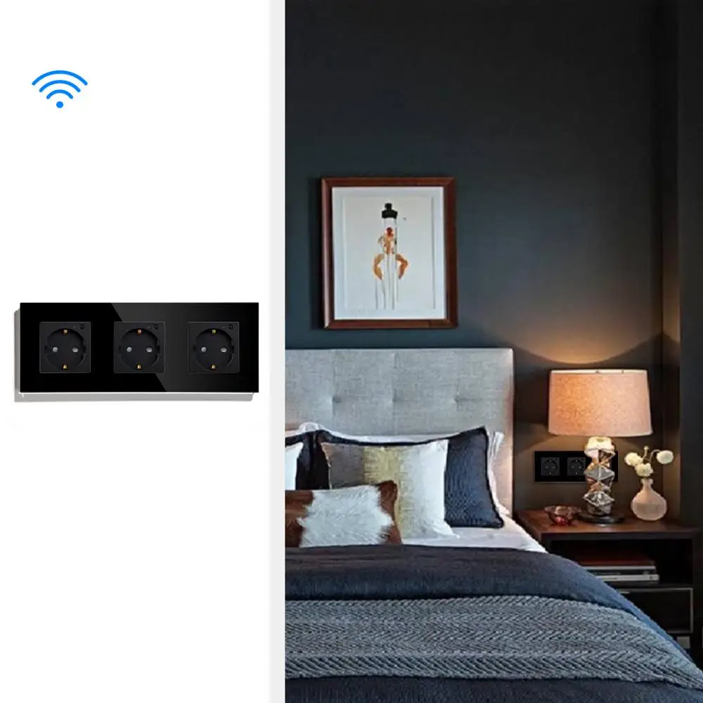 BSEED Wifi Triple Socket EU Standard Wall 16A 110V-250V White Black Gloden Crystal Glass Panel For Smart Home | Обустройство дома