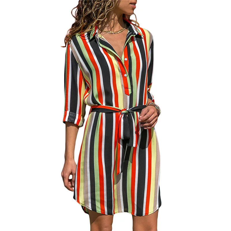 LEH Long Sleeve Shirt Dress 2019 Summer Chiffon Boho Beach Dresses Women Casual Striped Print A-line Mini Party Vestidos | Женская