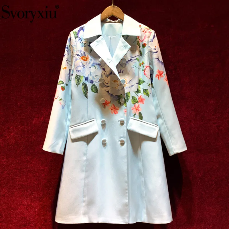 

Svoryxiu 2021 Runway Designer Autumn Winter Long Trench Coat Women's Elegance Flower Print Double Breasted Overcoat Outwear