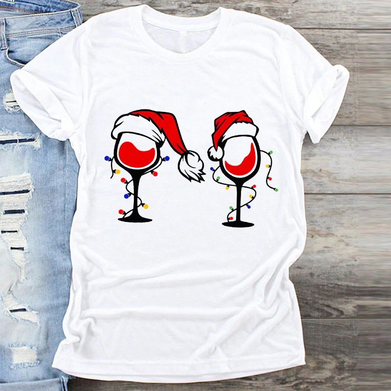 

Women Plaid Wine Cup Hat Holiday Fashion Merry Christmas Print Clothes Graphic Female Tshirts Top T Shirt Ladies Tee T-Shirt