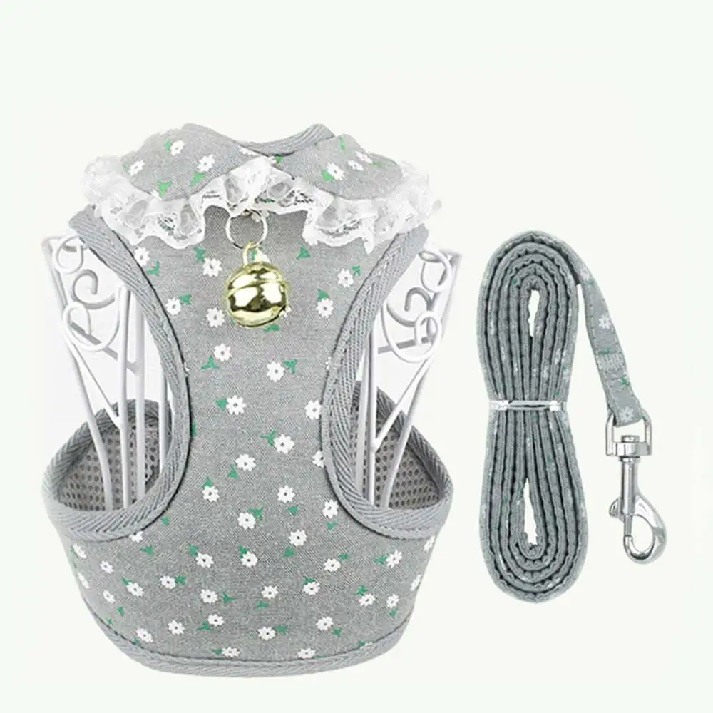 gray Dog Harness Поводок для собак, кошек, поводок, мягкая сетка, для питомцев, для щенков, набор с колокольчиком, милый кружевной жилет для питомцев, для маленьких и средних собак, чихуахуа, Йоркцев, Тедди, Xs-XL - Цвет: gray Dog Harness