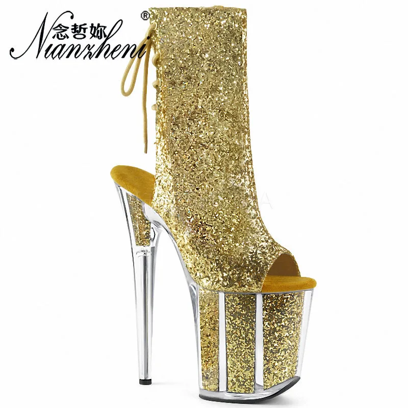 

Блестящие сапоги Flash powder на очень толстой платформе 20 см, с вырезами, 8 дюймов, новые модели, сапоги с открытым носком и низким каблуком