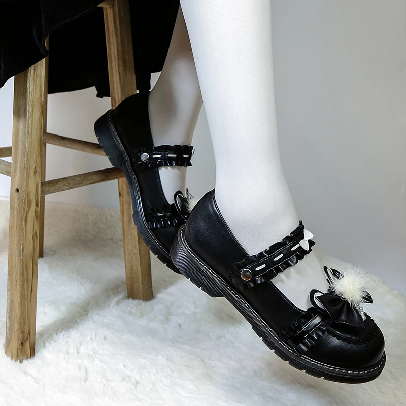 

Sweet lolita shoes retro round head kawaii girl daily leather shoes cute bowknot hairball kawaii shoes loli cosplay women shoes