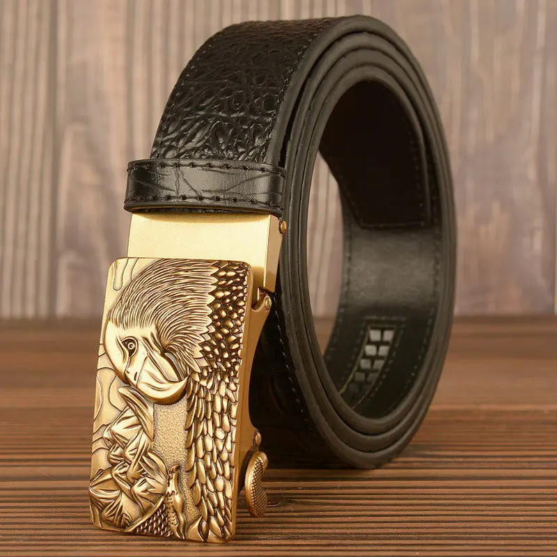 Aged Mens Leisure Belt Europe Party Alligator Pattern Waist Strap Yuppie Jeans Accessories Eagle Automatic Buckle Cinto Brown
