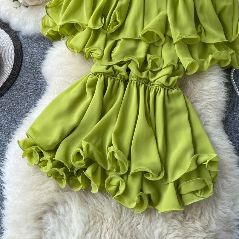 Богемный 2021 короткий шифоновый комбинезон с двойными оборками и открытыми