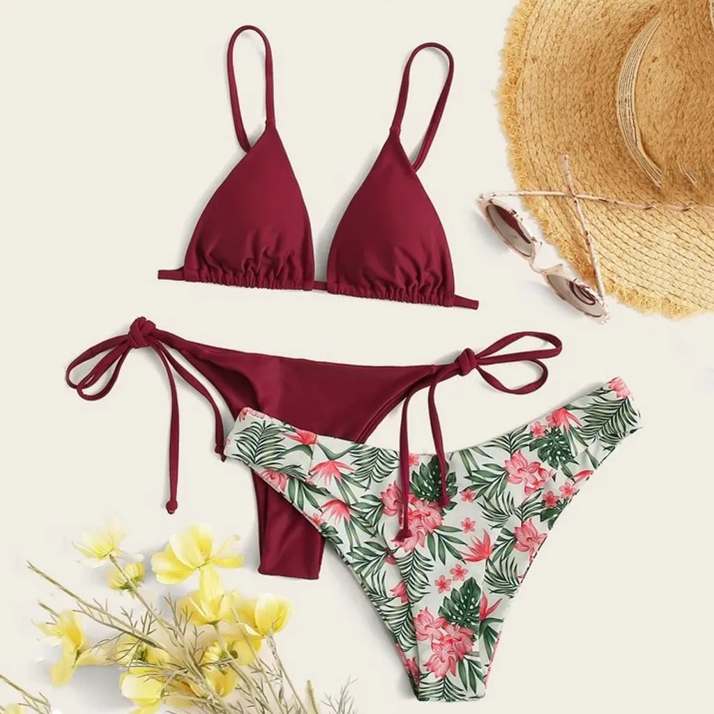 Женский сексуальный купальник бикини с принтом из трех частей пуш ап бюстгальтер