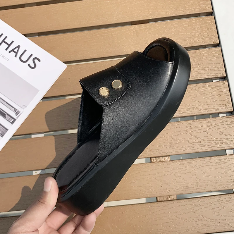 

genuine leather med Heels platform Fashion Female Slippers Summer Sandals Women Classic Design Wedding Prom Shoes Woman