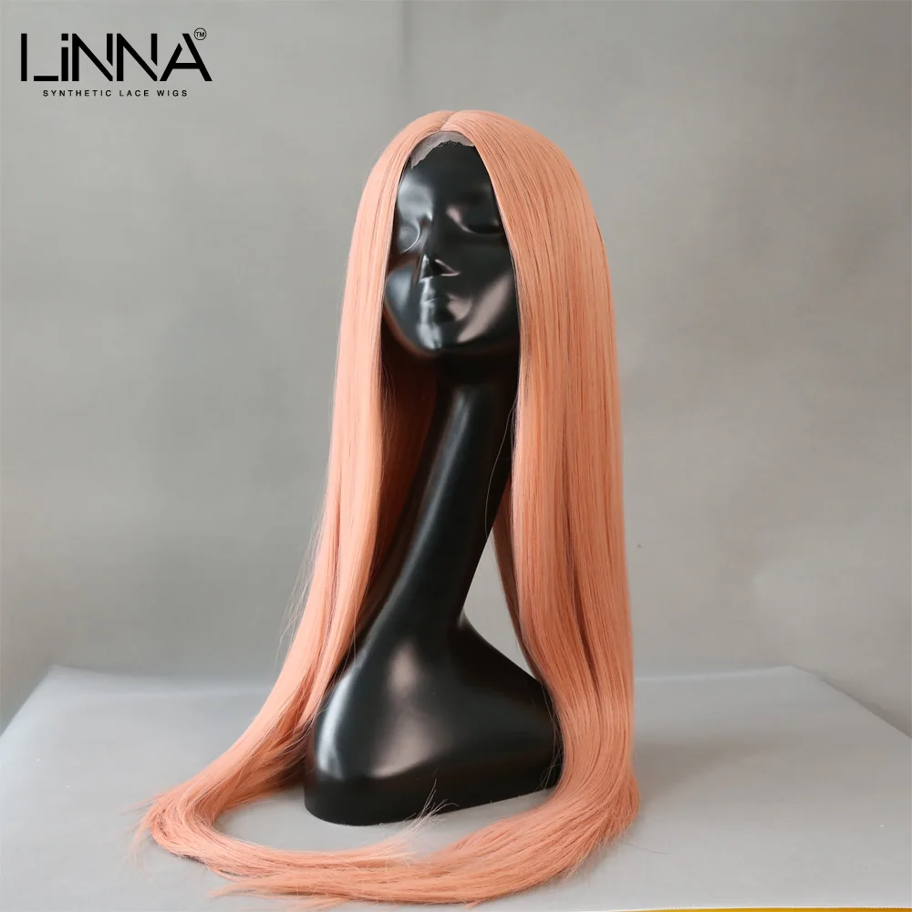 

LINNA Long Straight Synthetic Lace Wig For Women 26 Inch High Temperature Fiber Pink Blonde Wigs Middle Part Lace Cosplay Wig
