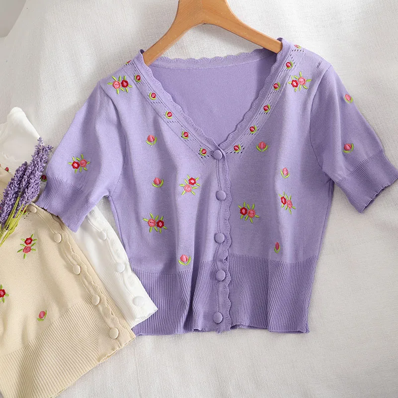 

Heliar Women Knit Crop Cardigan White Color Floral Embroidery T-Shirts V Neck Button Front Top Women Crop Tops Summer Tees