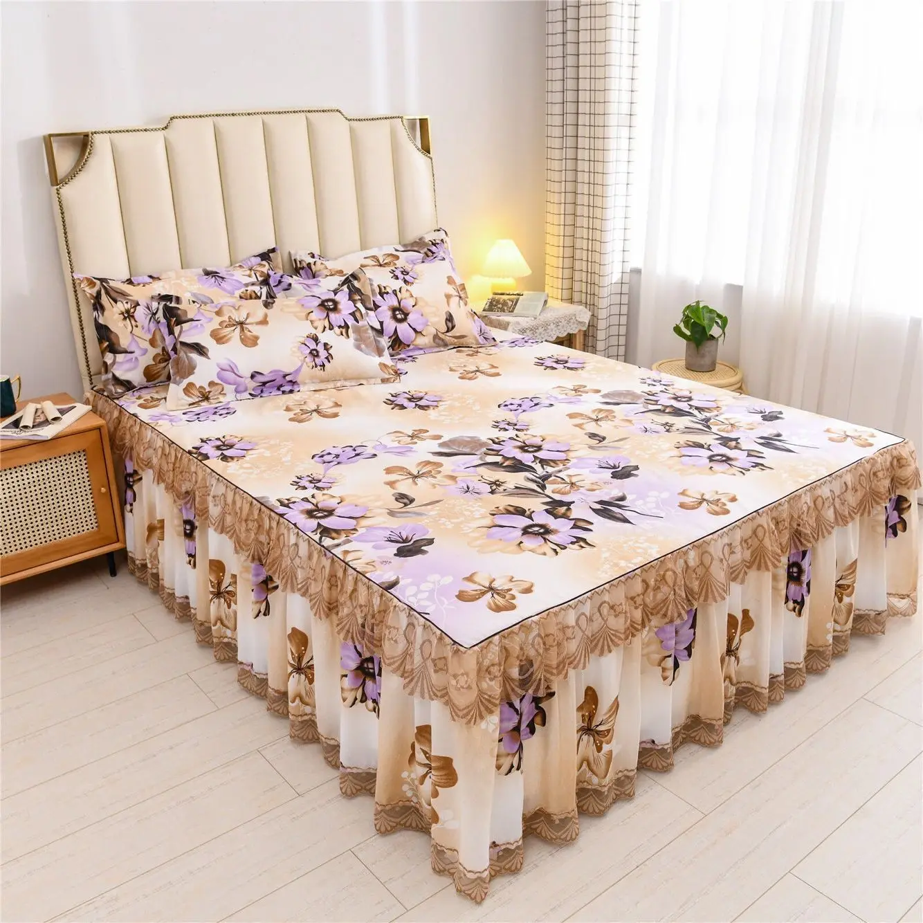 

High Grade New Style Soft Bed Skirt Summer Plush Thick Quilted Bedding Cover Skirt King Queen Pad Bedspread Including Pillowcase