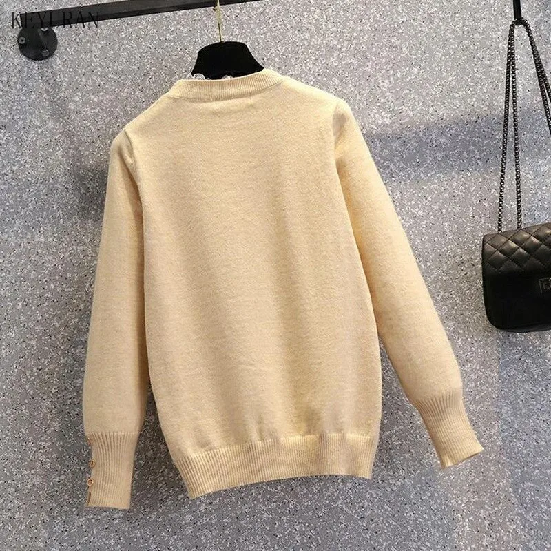 

Plus Size Knitted Pullovers Sweaters Women 2021 Autumn Winter Lace Trim Button Knit Wear Tops Oversize Korean Ladies Jumpers