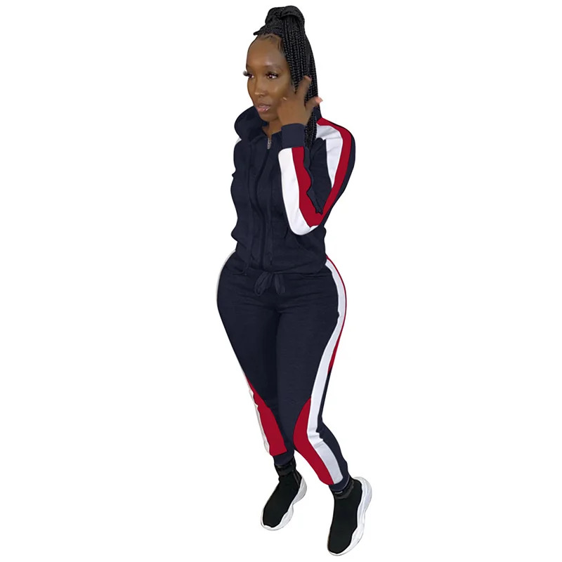 Navy Blue Цветной блок сплайсинга из двух частей свитер для женщин с длинным рукавом на молнии с капюшоном пальто и шнурок Bodycon Брюки повседневные спортивные костюмы - Цвет: Navy Blue