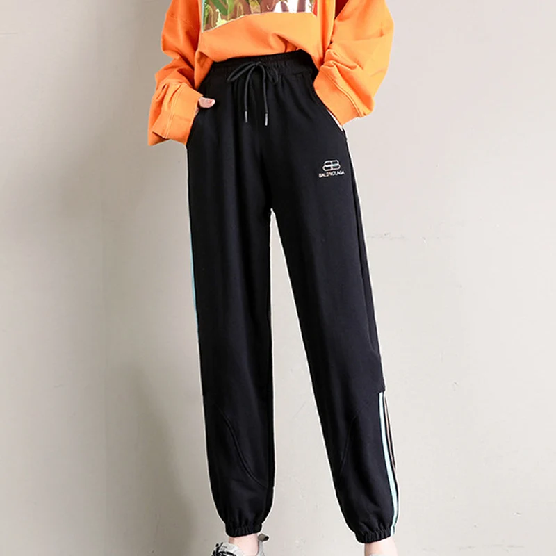 

Letter Embroidery Striped Casual Women Trousers High Waist Drawstring Lace Up Pencil Pants For Girls Summer Loose Sports Joggers