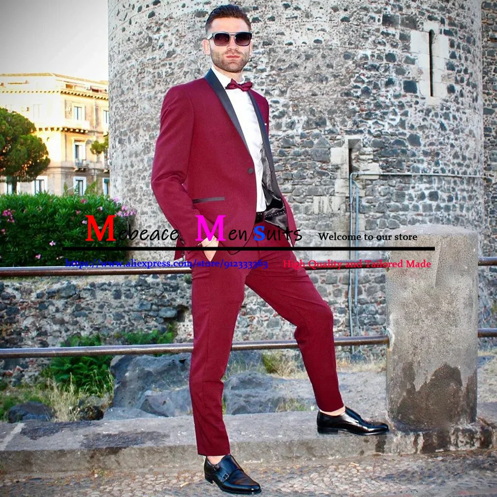 

Classic Burgundy Men Suit Elegant Blazers For Party Prom Groom Wedding Suits Shawl Lapel Mens Tuxedos 2 Pieces (Jacket + Pants)