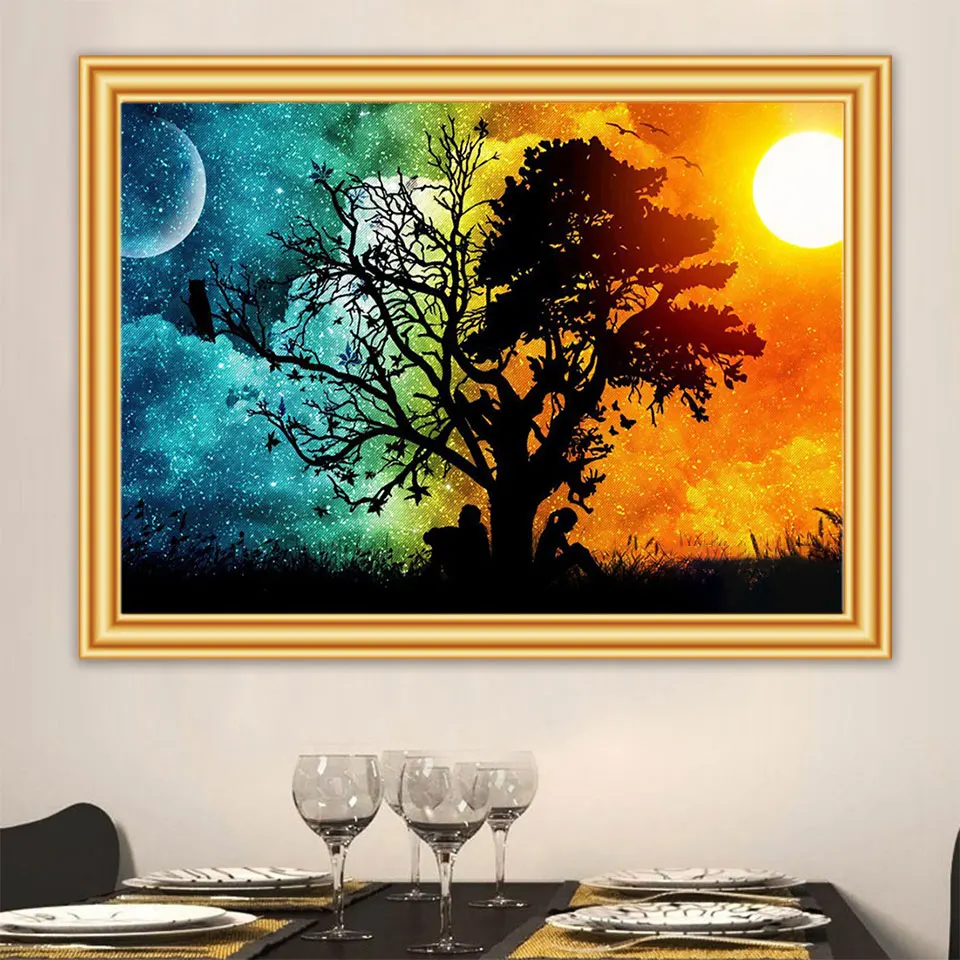 5D DIY алмазная живопись камни в форме ромба &quotдневной и ночной режимы дерево&quot