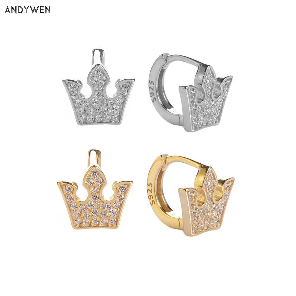 

ANDYWEN 925 пробы Серебряная королева Huggies Кристалл CZ кольца маленькие круглые ювелирные изделия Роскошные серьги для пирсинга CZ