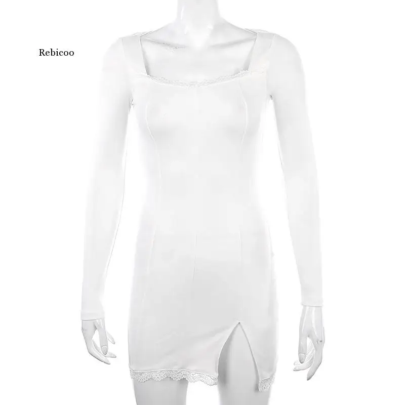 

Women Winter Dress Women 2020 New Arrivals Sexy Long Sleeve Lace Split Black White Solid Party Dresses Vestidos