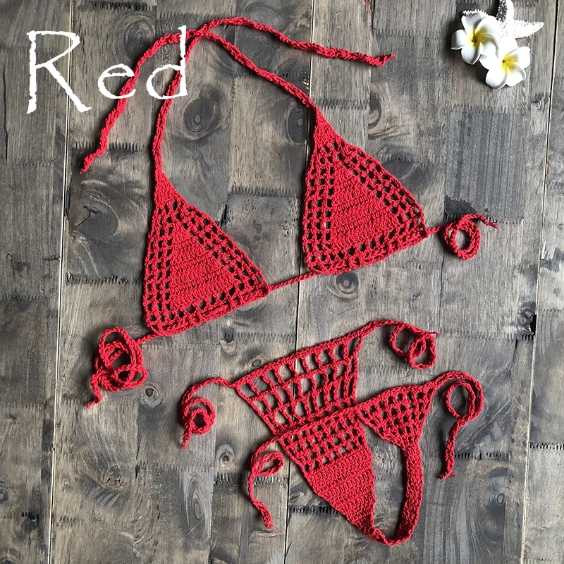 Red Ручная работа, вязанное крючком микро бикини, стринги, пляжные микро купальники, сексуальное нижнее белье, наборы, горячая Распродажа - Цвет: Red