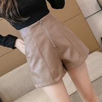 leather shorts womens 2021 autumn winter new zipper high waist pu leather wide leg pants casual pants shorts slim 110a