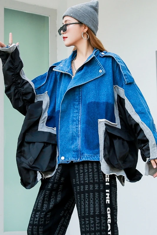 

Autumn design sense irregular color matching denim jacket female fake two large size long-sleeved fashion jacket