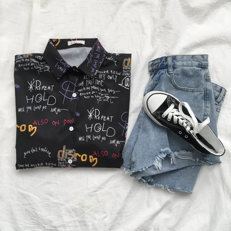 

QWEEK Harajuku Shirts for Women Retro Letter Print Blouse Turn Down Collar Short Sleeve Shirt Summer Loose Casual Designer Tops