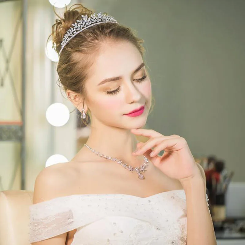 SLBRIDAL сверкающие прозрачные фианиты свадебная тиара головная повязка CZ Свадебная Королева Принцесса пышные королевские вечерние Корона женские ювелирные изделия