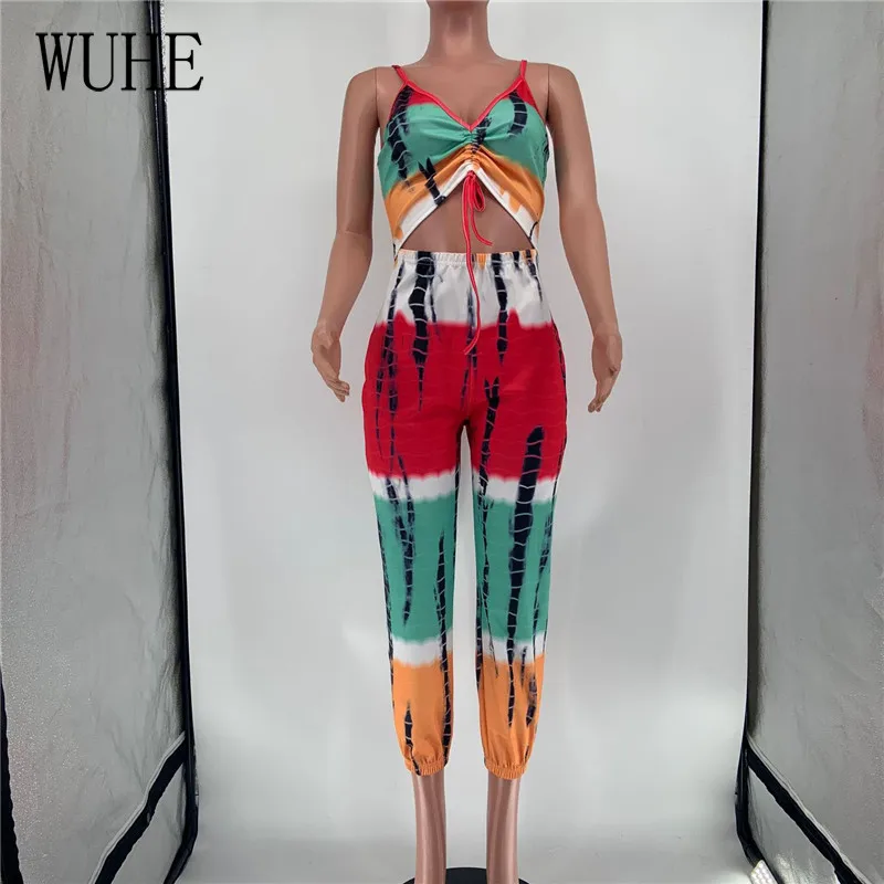 

WUHE Print Sexy Jumpsuits V Neck Sleeveless Spaghetti Strap Loose Breast Wrap Bandage Off Shoulder Nightclub Party Streetwear