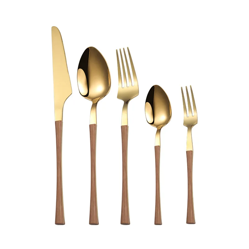 

30 Pcs KuBac Stainless Steel Dinnerware Set Gold Wooden Imitation Handle Wood Cutlery Set Service For 6 People Drop Ship
