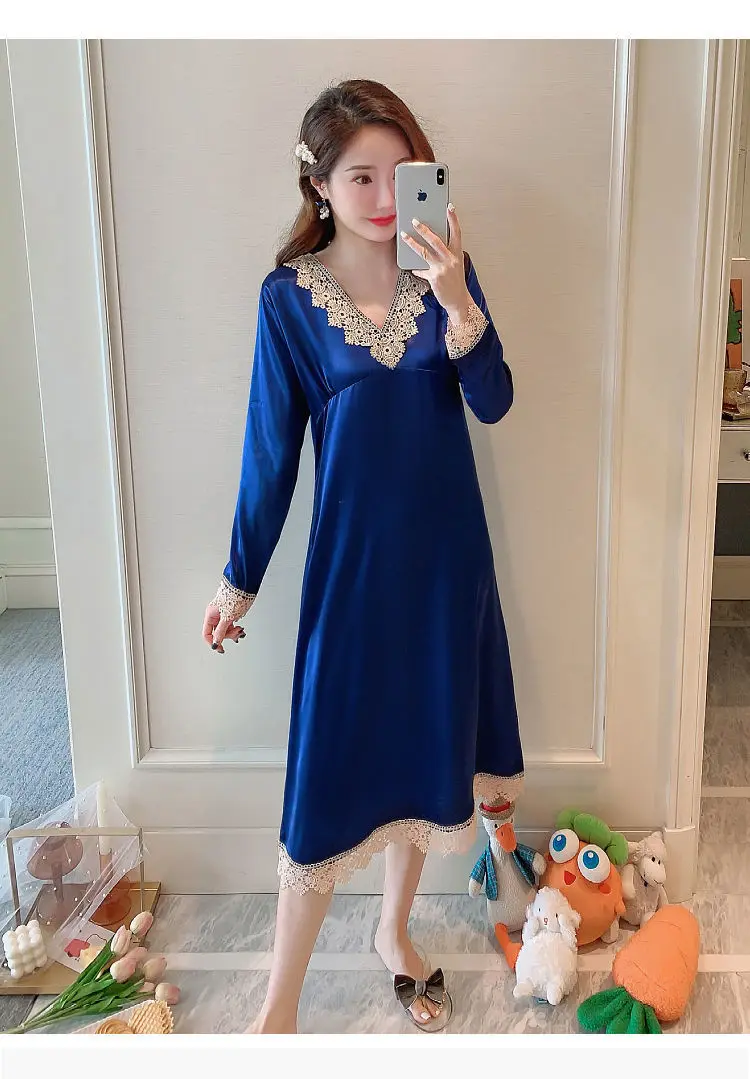 Women's New Long Sleeve Knee Velvet Nightgowns Slik Sleepshirts Women Vintage Nightgowns sleepwear