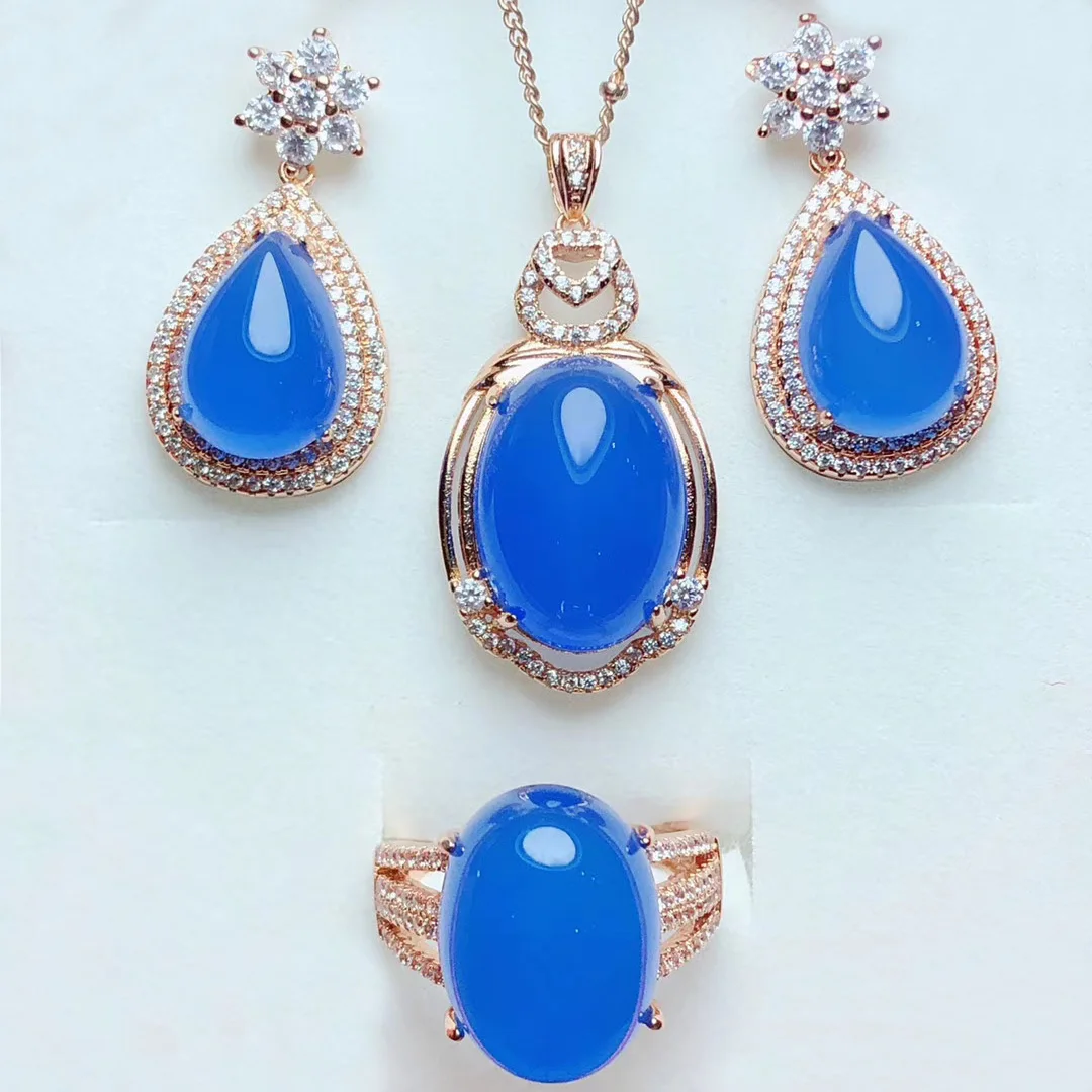 

LETSFUN Fine Jewelry Natural 925 silver Chalcedony jewelry sets necklace earrings ring for women party jewelry Gift