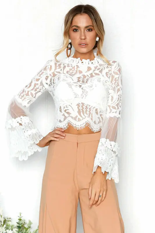 

Women Lace Blouses Long Sleeve Shirts Casual Flared Sleeve Slim Blouse Shirts Fashion Ladies Autumn Clothes