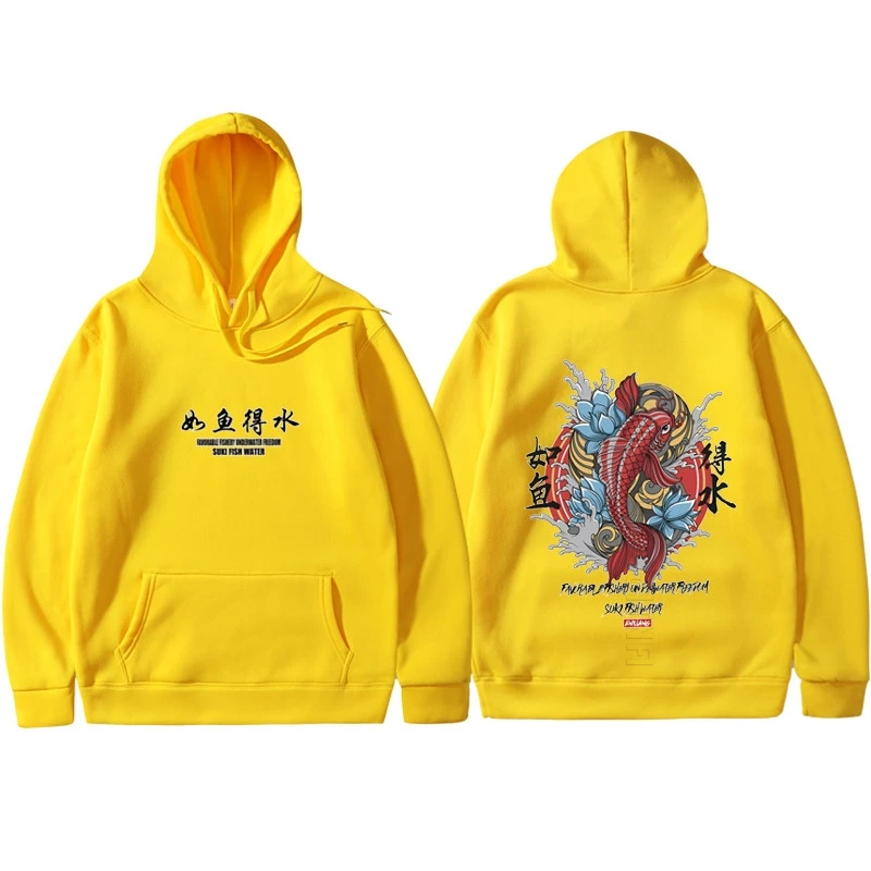 

New Men Cool Men's Hip Hop Hooded Tops Hoodies Japanese Style Koi Daily Casual Streetwear Sweatshirt Men/Women Pullover