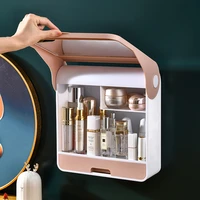 bathroom wall mounted cosmetic storage box large capacity storage box with mirror skin care product dust proof storage rack