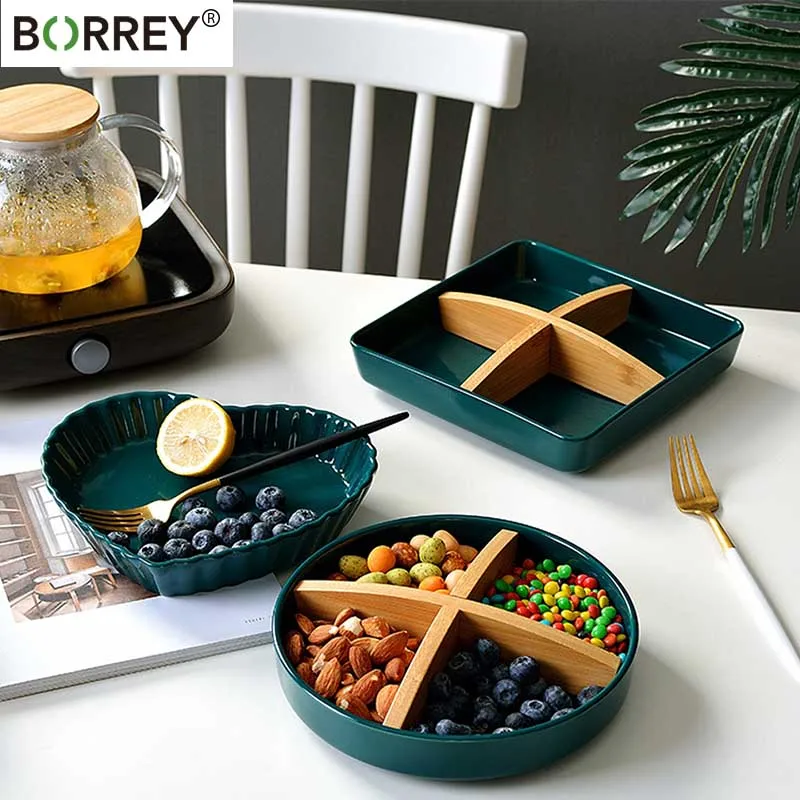 

BORREY Ceramic Snack Platter with Partition Fruit Plate Snack Plate Snack Nut Desserts Cake Tray Home Living Roomstorage Box