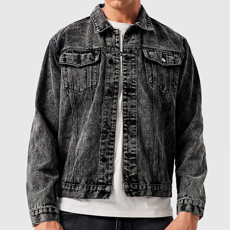 

2021 men's new solid color denim jacket teenagers loose and versatile black three-dimensional patch pocket lapel denim jacket