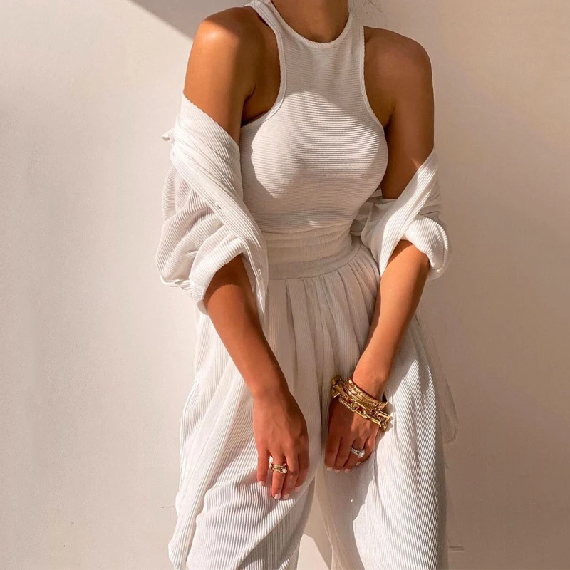 

Autumn Winter Women Long Sleeve Coat+vest+elastic Waist Pants Sets Three Piece New Arrival Female Wide Leg Pant Suits Casual Set