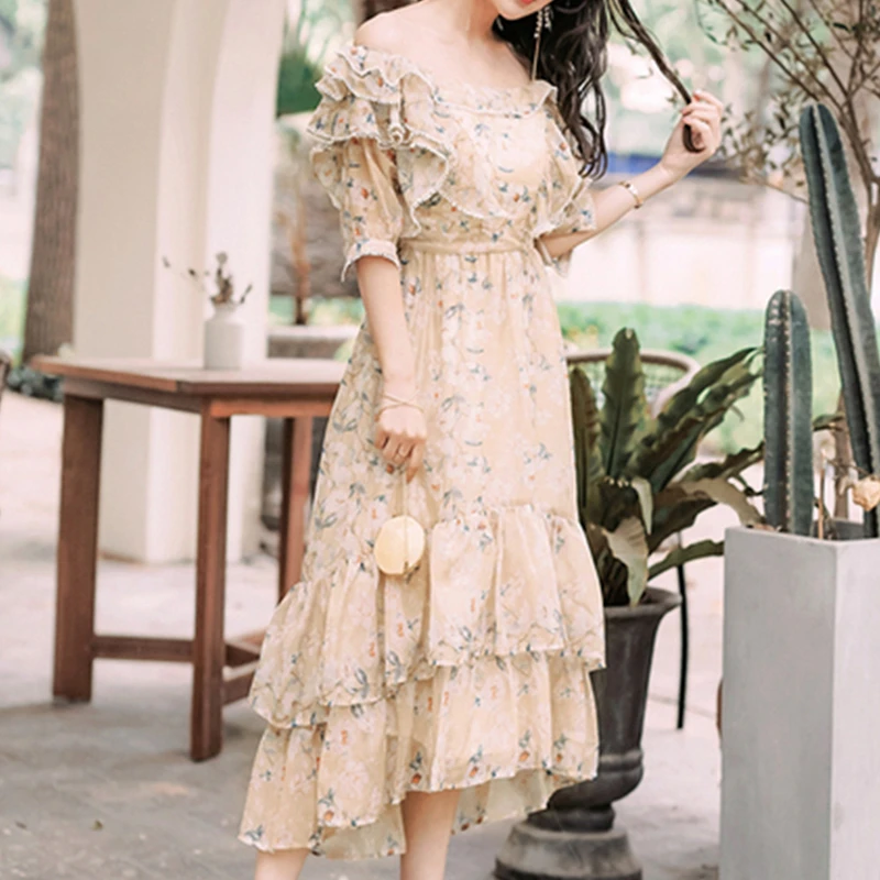 Женское винтажное платье с цветочным принтом YAMDI вечернее миди открытыми плечами