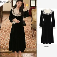 hot sales 2021 design fenimine vestidos women fashion patchwork vintage white lace stand collar french style long black dress