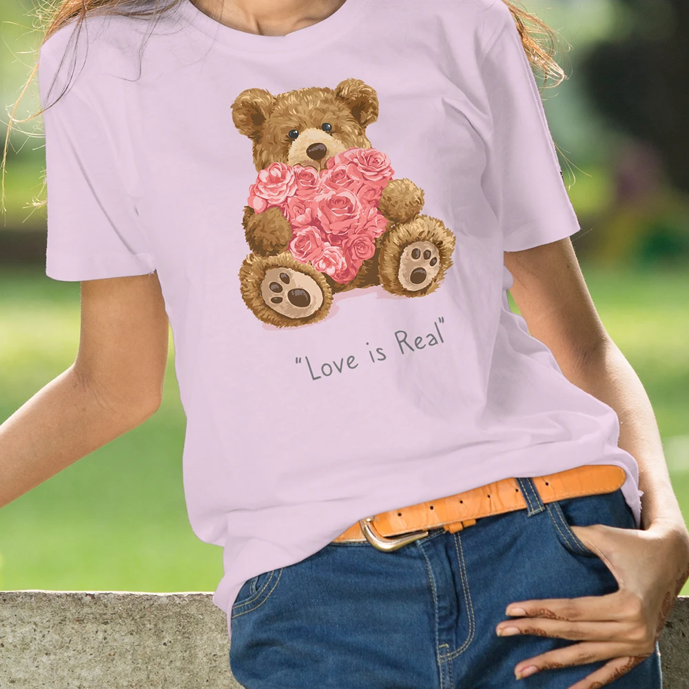 

BLINGPAW Teddy Bear Love Is Real Letter Print T-shirt White Cotton Unisex Top&Tees Summer Custom Tee Shirts