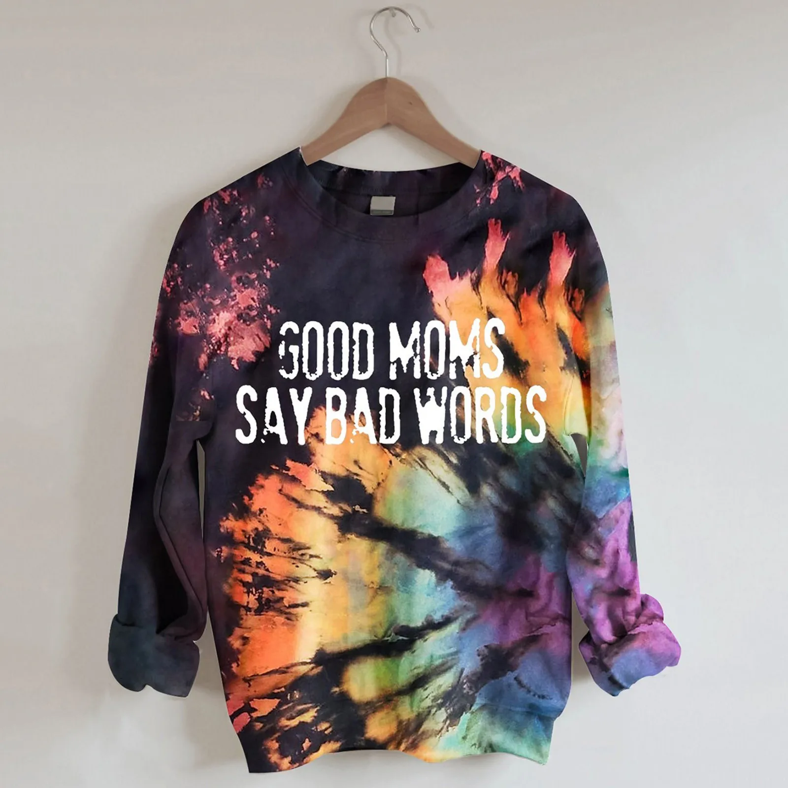 

Good Moms Say Bad Words Letter Sweatshirts Women's Loose Long-sleeved Top Tie Dye Short Curled Pullover Sweatshirt Свитшот