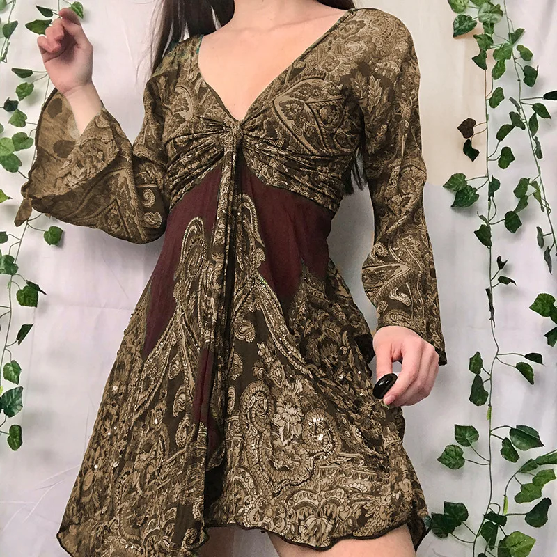 

Women Autumn A-Line Dresses Retro Lace Splicing V-Neck Long Sleeve Slim-Waist Skirt for Ladies, Brown